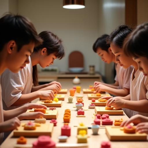 和菓子教室の風景。参加者が熱心に和菓子作りに取り組んでいる